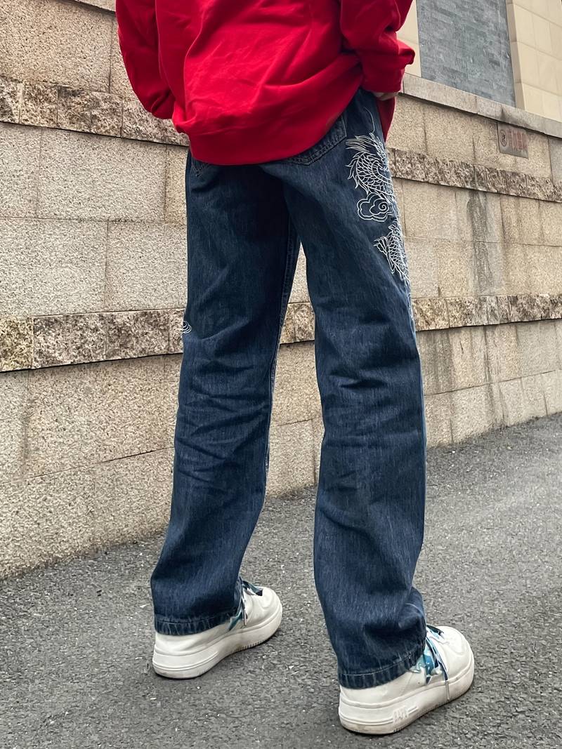 Dragon Embroidery Baggy Jeans Men's Casual Street Style Wide - Temu
